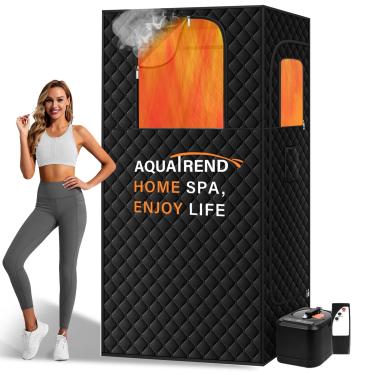 Imagem de Aquatrend Caixa de sauna portátil para casa, barraca de sauna pessoal de 9,5 x 7,5 cm x 14 cm, vaporizador de 3 litros de 1200 W, janelas grandes duplas, controle remoto, cadeira dobrável, academia de