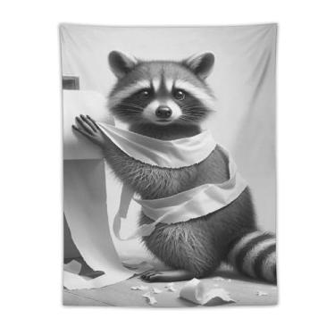 Imagem de Tapeçaria de papel higiênico guaxinim para banheiro preto e branco impressão artística para quarto sala de estar dormitório decoração de casa com design de animal de estimação selvagem brincalhão