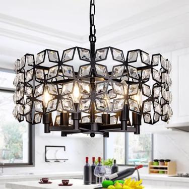 Imagem de TOCHIC Lustres de cristal modernos para sala de jantar, lustre preto de 53 cm para casa de fazenda, tambor redondo, pingente de cristal, luminária suspensa para cozinha, ilha, quarto, hall de entrada