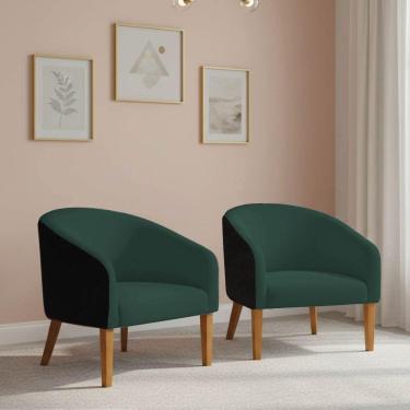 Imagem de Poltrona Sala Decorativa Kit 2 Stella Pé Madeira Trapézio Castanho Sintético Pu Preto-bouclê Verde D03 - D'rossi