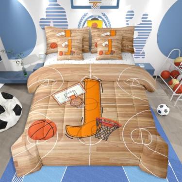 Imagem de jejeloiu Conjunto de edredom solteiro de basquete, 7 peças, presentes inspiradores para amantes de basquete, para crianças, meninos, meninas, letra J, cama em uma bolsa, monograma, acolchoado, macio e