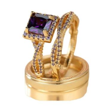 Imagem de Conjunto De Anéis De Noivado De Cristal De Zircônia Roxa Em Ouro Luxuo