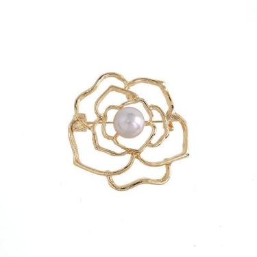 Imagem de Broche Pin Gold Camellia Flower com centro de pérola - Yiweisai