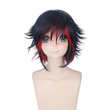 Imagem de Peruca de cosplay de anime curta em camadas preta e vermelha para toda