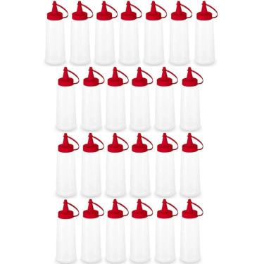 Imagem de 25 Frascos para Molhos Bisnagas Plásticas 250ml para Lanchonete Bar Ketchup Tampa Vermelha