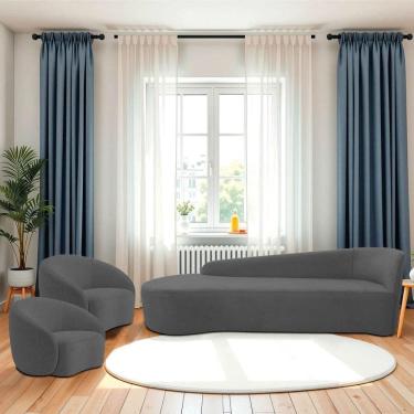 Imagem de Kit Divã Recamier Orgânico França 200cm Lado Esquerdo E 2 Poltronas Amore Linho Cinza Escuro