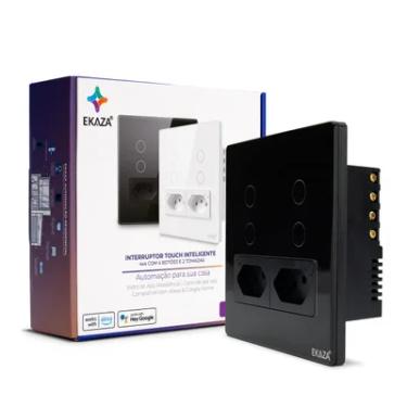 Imagem de Interruptor 4 Botões + 2 Tomadas 10a  4x4 Wifi Preto Ekaza Ekat-t3075-4p
