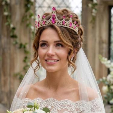 Imagem de Coroa Dourada Pedra Princesa Festa Fucsia Noiva Casamento Da - - anjo 