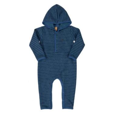 Imagem de Macacão para bebê Up Baby Longa Moletom Ursinho Listra Azul