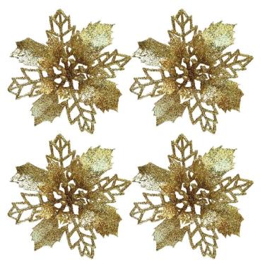 Imagem de Jogo 4 Flores Bico de Papagaio Dourado Natal Pick Glitter 9cm com Presilha - Magizi