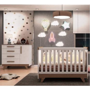 Imagem de Quarto Infantil Retrô com Berço Mini Cama e Cômoda Espresso Móveis Branco Brilho/Carvalho