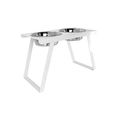 Imagem de Tigelas levantadas para cães, tigelas elevadas para cães com 2 tigelas para alimentos e água de aço inoxidável, suporte para tigela para cães com uma prateleira dobrável para cães grandes, branco
