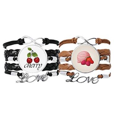 Imagem de DIYthinker Pulseira de bola de sorvete rosa morango uva pulseira de mão corda de couro cereja amor conjunto duplo, Não se candidatar