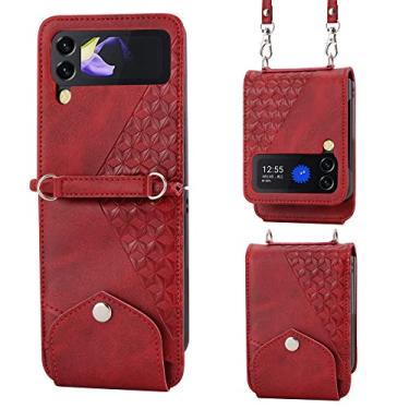 Imagem de Estojo de couro com slot para cartões de cordão para Samsung Galaxy Z Flip 4 3 Flip3 5G Capa anti-riscos à prova de choque para telefone, vermelho, para Samsung Z flip4