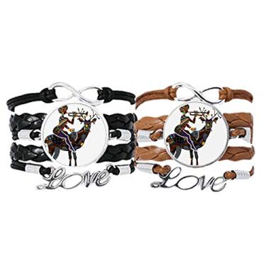 Imagem de DIYthinker Pulseira feminina africana aborígene negra cervo grande pulseira alça de mão pulseira corda de couro conjunto duplo presente