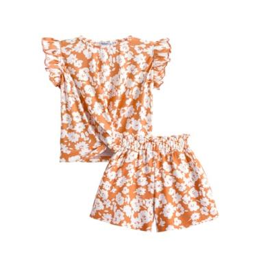 Imagem de Arshiner Conjunto de 2 peças de shorts para meninas, camisetas e shorts com bolsos na frente torcida e manga com babados, Estampa floral laranja, 7-8 Anos