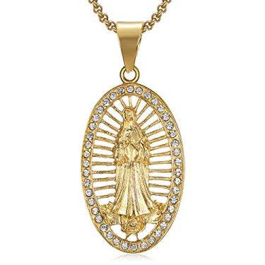 Imagem de NEGS Colar feminino com pingente de medalha milagrosa cristã da Virgem Maria banhado a ouro 18 K, corrente de 50 cm, amuleto religioso de Bento Nossa Senhora de Guadalupe, presente, Aço inoxidável