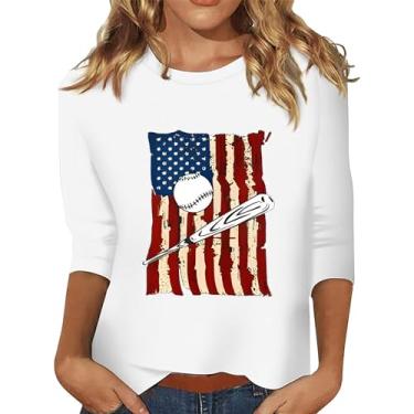 Imagem de Camisetas femininas de beisebol 4 de julho com a bandeira americana casual manga 3/4 gola redonda túnica listras estrela, Branco, GG