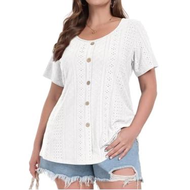 Imagem de MONNURO Camiseta feminina plus size manga curta botão plissado cor sólida túnica top, Branco, 3X