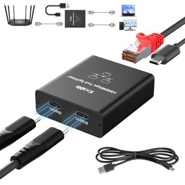 Imagem de Divisor Ethernet de 1 a 2 saídas (porta USB-C dupla), divisor RJ45 com cabo de alimentação USB, adaptador de Internet LAN Gigabit, alta velocidade máxima de 1000 Mbps, porta dupla tipo C para cabo USB
