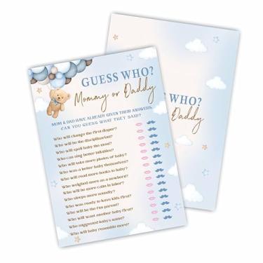 Imagem de 30 cartas de jogo Guess Who? para chá de bebê, jogo e atividade, 12 x 18 cm, tema urso e balões, cartas de jogo de preenchimento dupla face, jogo de revelação de gênero para lembrancinhas e decorações