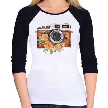 Imagem de Baby Look Raglan Máquina Fotográfica Vintage e Flores Manga 3/4 - Foca