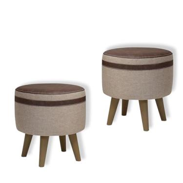 Imagem de Kit 2 Puff Pufe com 4 Pés Lumina Decorativo Banqueta Tecido Linho com Detalhe Corino Cores (Bege)