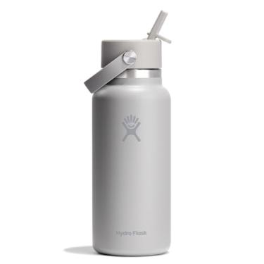 Imagem de Hydro Flask Garrafa de água - aço inoxidável isolado - tampa larga de palha, não derrama, à prova de vazamento em cinza bétula de 947 ml