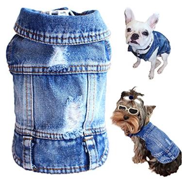 Imagem de LKEX Jaqueta jeans para cachorro, camiseta regata clássica azul com lapela colete para cachorro, roupa confortável e legal, roupas lavadas para animais de estimação para cães pequenos, médios, meninas, meninos e meninas, roupas fofas para gatos (grande)