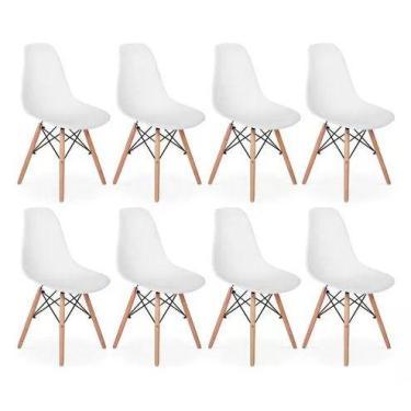 Imagem de Kit com 8 Cadeiras Eiffel Charles Eames DKR Base de Madeira, Cor Branc