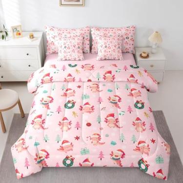 Imagem de Erosebridal Conjunto de edredom completo com tema de Natal rosa, 7 peças, para crianças, meninos, meninas, xolote de Natal, em uma bolsa com lençóis, salamandra, floco de neve, animal, decoração de