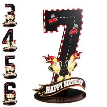 Imagem de Logotipo Número Aniversário Carro Corrida, Peça Central Madeira Tema Raça com Padrões Pista Corrida e Troféus para Decoração Festas Aniversário Acessórios para Fotos(Número 7)