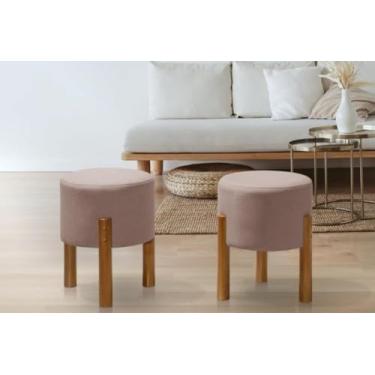 Imagem de PC Móveis Kit 2 Puff Redondo Luxo Decorativo em Linho Bege – Sala, Quarto e Escritório (Rosa)