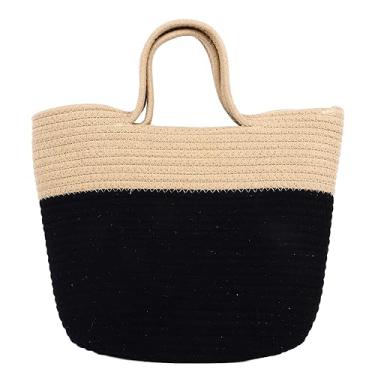 Imagem de Bolsa de palha tecida à mão elegante cor contrastante grande capacidade alça macia praia compras bolsa de viagem para mulheres mães namoradas