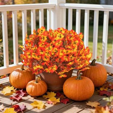 Imagem de ARVINKEY Plantas artificiais de outono falsas para decoração de jardim interno ao ar livre, 12 pacotes de mães de outono coloridas de seda com folhas de eucalipto, plantas falsas para varanda de