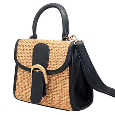 Imagem de Bolsa feminina Boshiho retrô de tecido de palha pequena transversal bolsa de ombro mensageiro, Large - Black, 9.4 x 4.3 x 7.9 inch