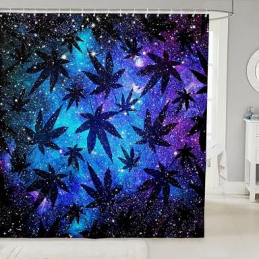 Imagem de Cortina de chuveiro com folhas de maconha 183 cm L x 183 cm C para adolescentes cortina de chuveiro galáxia cannabis para mulheres homens jovens maconha folhas de maconha cortina de chuveiro para
