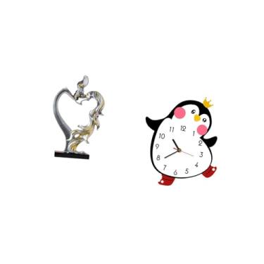 Imagem de Fenteer Estatueta de Pinguim de Casal Se Beijando, Ornamento de Mesa Colecionável, Relógio de Parede de Madeira, Decorativo, Adorável, Alimentado Por Bateria,