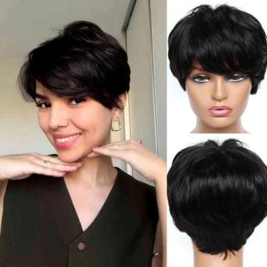 Imagem de Peruca Pixie Cut Curta Lisa Preta Natural De Cabelo Humano Para Mulher