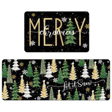 Imagem de APROPHIC Tapete de cozinha Merry Christmas, árvore de Natal, floco de neve, conjunto de 2, antiderrapante, com suporte de borracha, tapete lavável de prancha para corredores, pia, lavanderia, 40 x 24