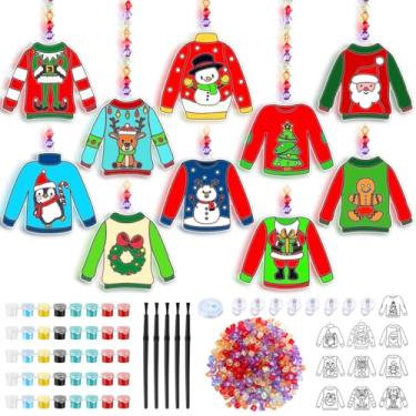Imagem de Yaomiao 30 conjuntos de suéteres feios de Natal, kits de arte para janela, faça você mesmo, apanhador de sol, artesanato, pintura a granel, enfeites de pendurar na janela para meninos, meninas
