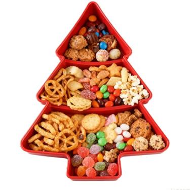 Imagem de Bandeja de servir em forma de árvore de Natal, bandeja de servir de árvore de Natal de plástico, 3 compartimentos, pratos de servir reutilizáveis para lanches de férias, aperitivo, frutas, doces