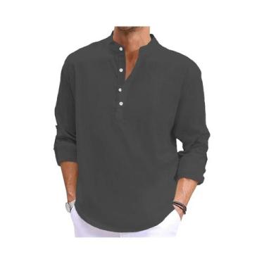 Imagem de Camiseta Masculina De Linho E Algodão De Manga Longa Leve Respirável C