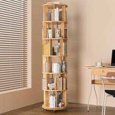 Imagem de IUNVR Estante de 6 andares, estante giratória de madeira maciça de 360° com rodas giratórias, prateleira de livros de chão para espaços pequenos, estante de canto para escritório, sala de estudo