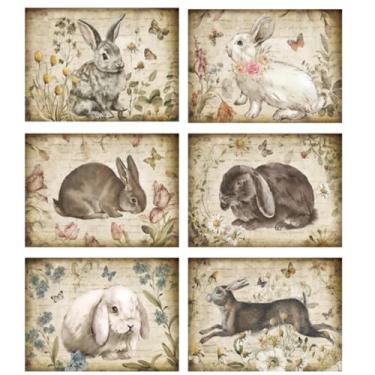 Imagem de Mindsoft Conjunto de 6 jogos americanos de Páscoa, 30,5 x 45,7 cm, tulipa e primavera, rústico, vintage, para casa, fazenda, cozinha, decoração sazonal de verão (coelho)