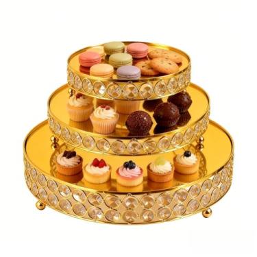 Imagem de Conjunto de suporte de bolo de cristal dourado de 20/20/30,5 cm, suporte redondo para bolo com pingentes de cristal, mesa de sobremesa, para eventos de casamento, aniversário, festa de aniversário