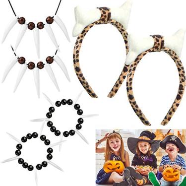 Imagem de WILLBOND Pulseira de Halloween pré-histórica Caveman Osso Festa 2 Peças Sabre Dente de Sabre 2 Peças Colar Sabre 2 Peças Fita de Osso de Dente para Fantasia Branca, Preto