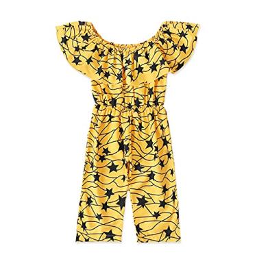 Imagem de Macacão infantil com estampa de estrela africana ombro de fora e manga curta para meninas, Amarelo, 12-18 Meses