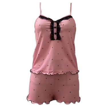 Imagem de Ztexkee Conjunto de pijama feminino, decote em V, top de renda e shorts de cintura elástica, conjunto de pijama estampado, Rosa, preto, 3G