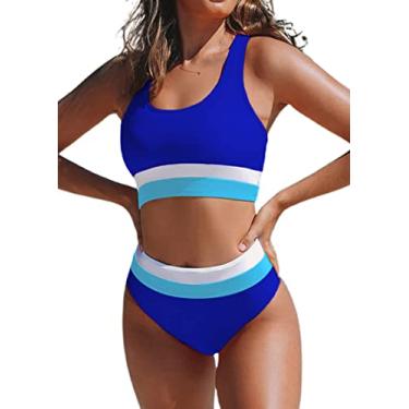 Imagem de Hilinker Biquíni feminino de cintura alta recorte esportivo cropped top color block, Azul-real, XXG
